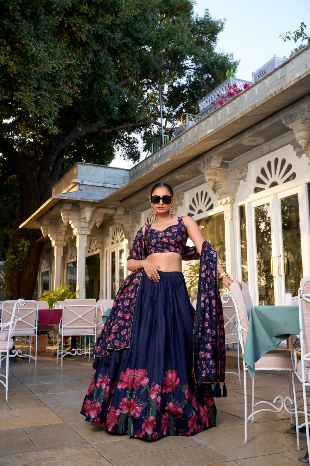 Lorenvalley Navy Blue Tussar Silk Floral Print With Foil Work Lehenga Choli with Dupatta | Swadesiicart