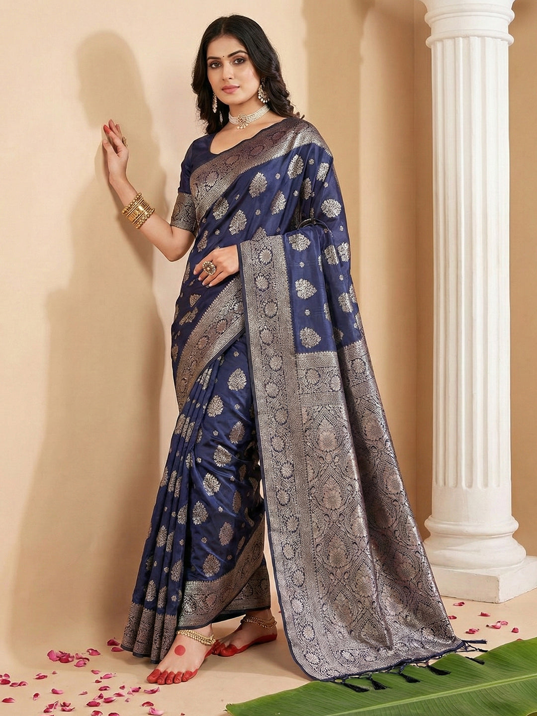 Anaita Navy Silk Blend Woven Saree With Blouse