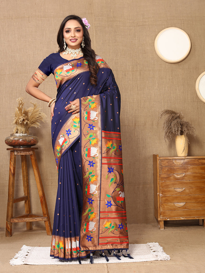 Lorenvalley Fashion Navyblue Soft Paithani Silk Woven Design Rich Zari Meenakari Weaving Saree - Swadesiicart