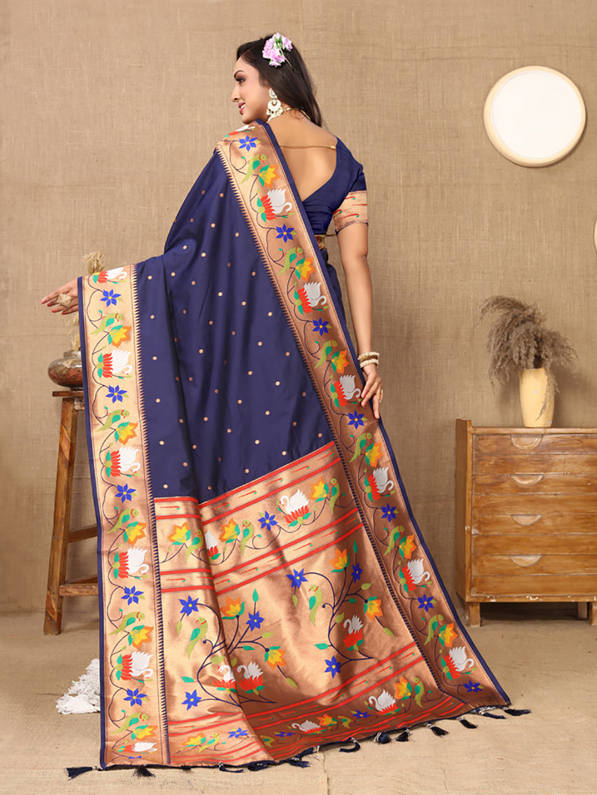 Lorenvalley Fashion Navyblue Soft Paithani Silk Woven Design Rich Zari Meenakari Weaving Saree - Swadesiicart