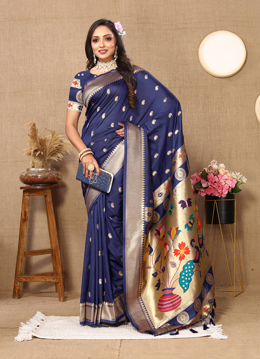 Lorenvalley Fashion Navyblue Soft Paithani Silk Woven Design Rich Zari Meenakari Weaving Saree - Swadesiicart