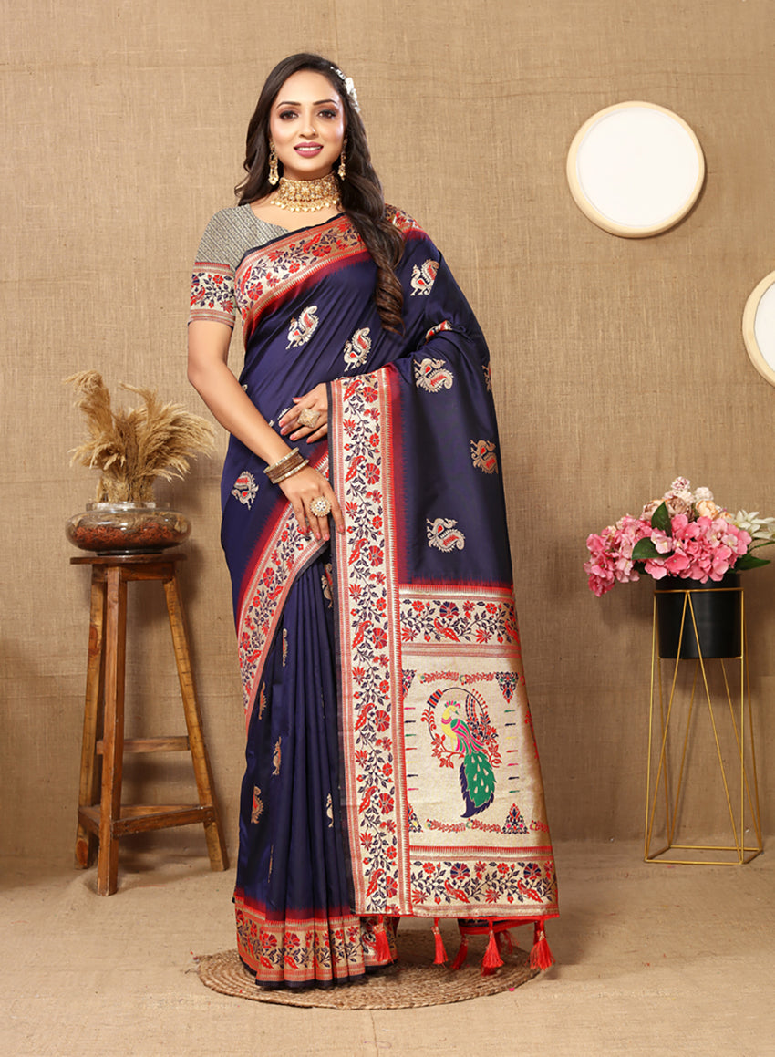 Lorenvalley Fashion Navyblue Soft Paithani Silk Woven Design Rich Meenakari Zari Weaving Pallu Saree - Swadesiicart
