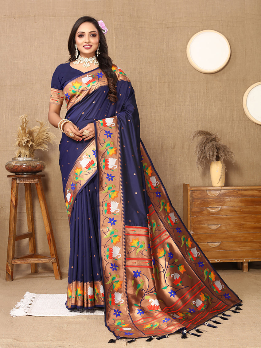 Lorenvalley Fashion Navyblue Soft Paithani Silk Woven Design Rich Zari Meenakari Weaving Saree - Swadesiicart