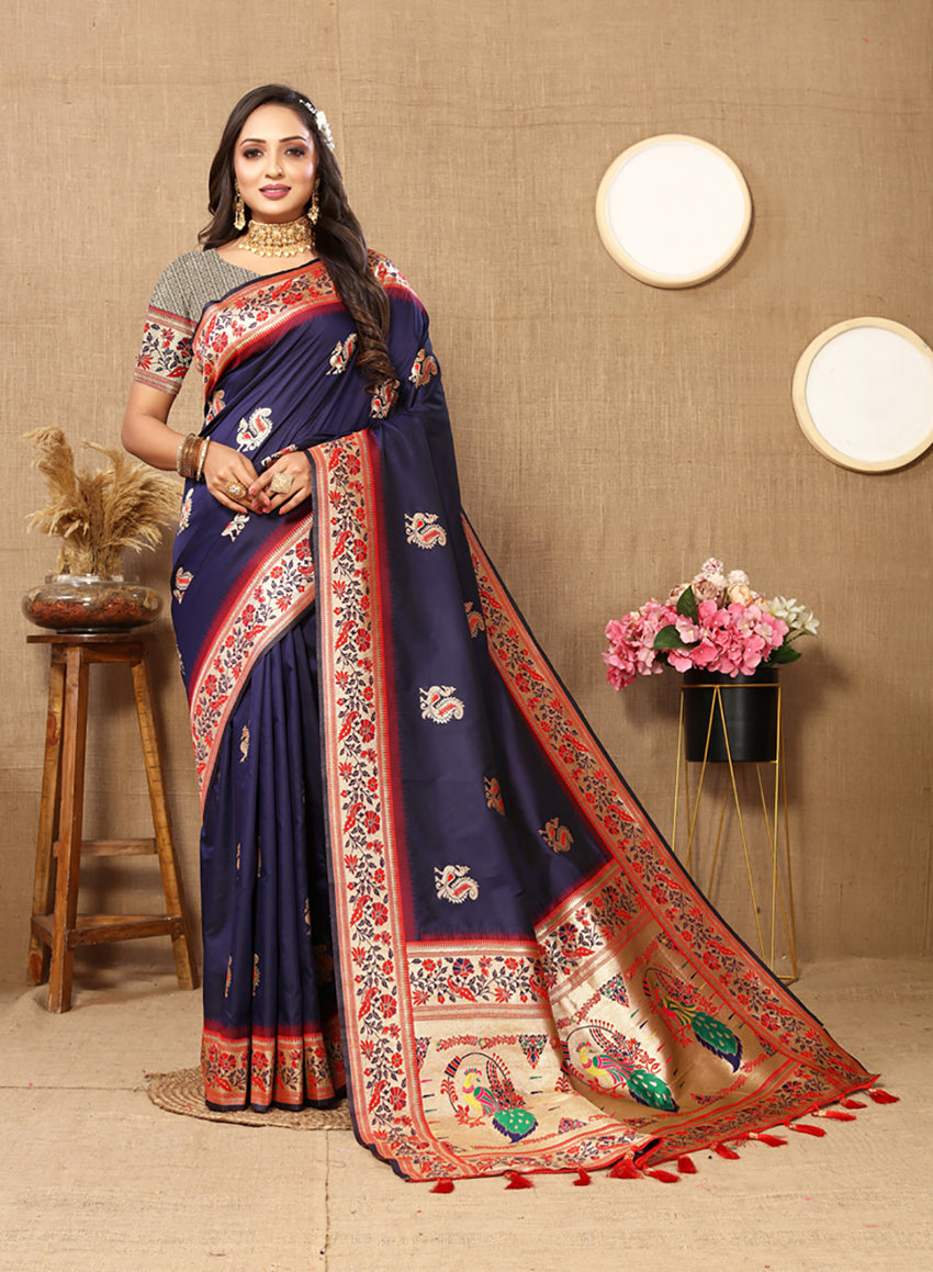 Lorenvalley Fashion Navyblue Soft Paithani Silk Woven Design Rich Meenakari Zari Weaving Pallu Saree - Swadesiicart