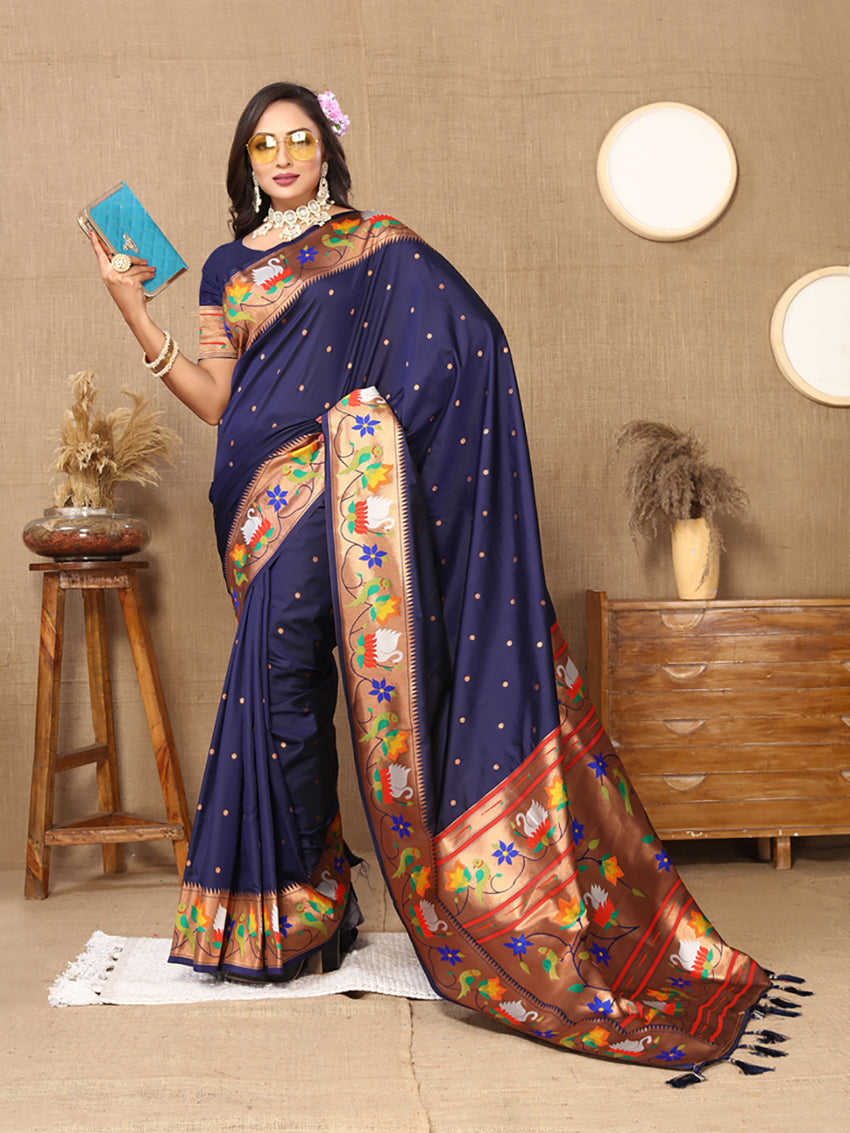 Lorenvalley Fashion Navyblue Soft Paithani Silk Woven Design Rich Zari Meenakari Weaving Saree - Swadesiicart