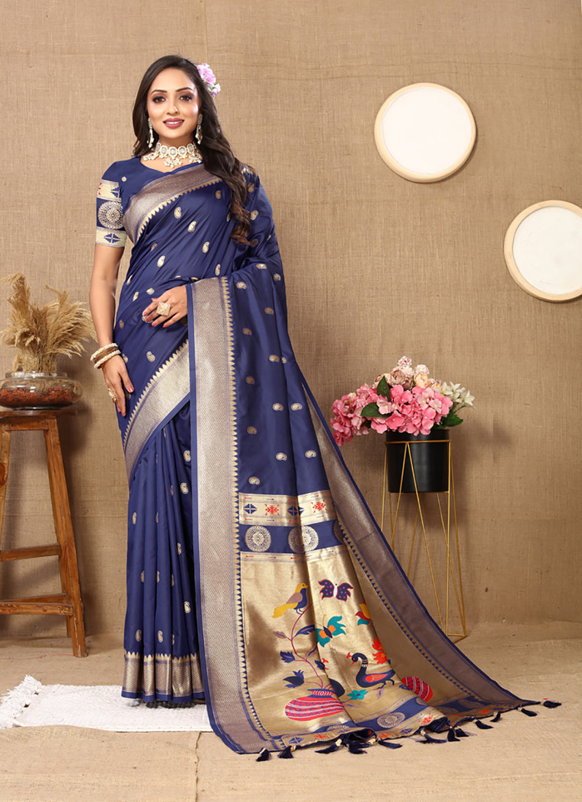 Lorenvalley Fashion Navyblue Soft Paithani Silk Woven Design Rich Zari Meenakari Weaving Saree - Swadesiicart