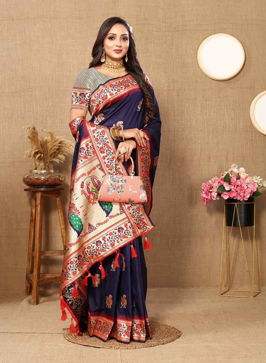 Lorenvalley Fashion Navyblue Soft Paithani Silk Woven Design Rich Meenakari Zari Weaving Pallu Saree - Swadesiicart