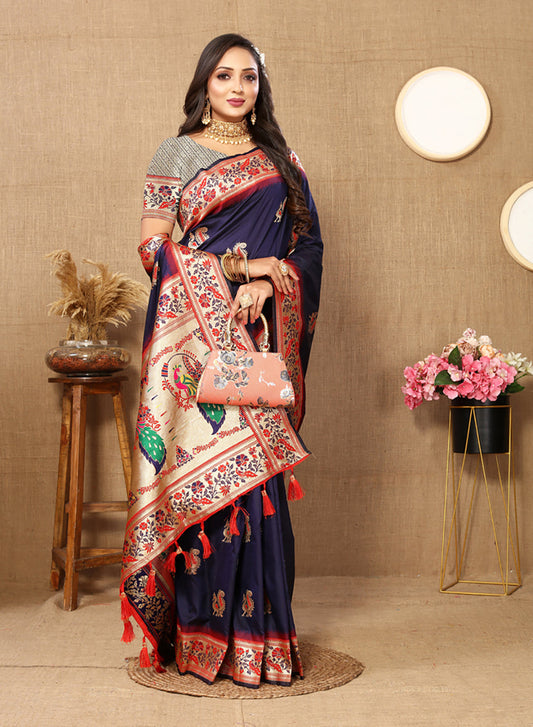Lorenvalley Fashion Navyblue Soft Paithani Silk Woven Design Rich Meenakari Zari Weaving Pallu Saree - Swadesiicart