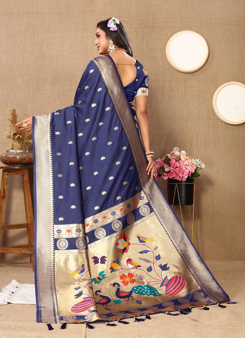 Lorenvalley Fashion Navyblue Soft Paithani Silk Woven Design Rich Zari Meenakari Weaving Saree - Swadesiicart