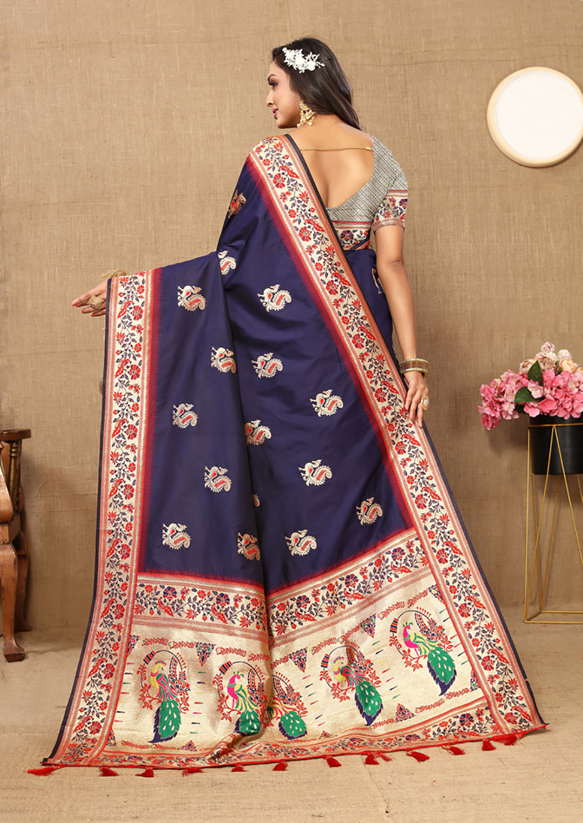 Lorenvalley Fashion Navyblue Soft Paithani Silk Woven Design Rich Meenakari Zari Weaving Pallu Saree - Swadesiicart