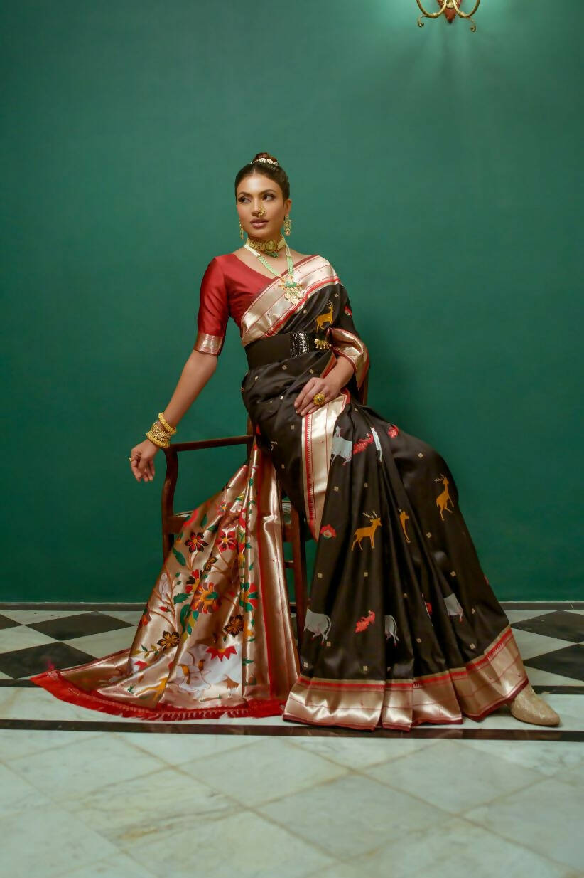 Vishnu Weaves Women's Black Paithani Silk Zari Woven Saree with Unstitched Blouse - Swadesiicart