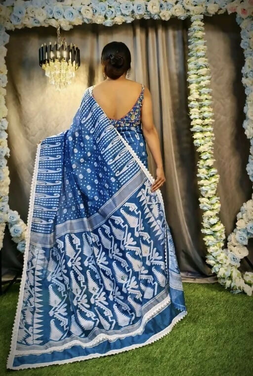 Exclusive Collection Beautiful Peacock Blue Jaal Jamdani Saree - Swadesiicart