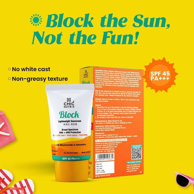 Chicnutrix Korean Block Lightweight Sunscreen SPF 45 PA+++ UVA + UVB Protection, Reduces Fine Lines And Wrinkles, Korean Skincare | Swadesiicart
