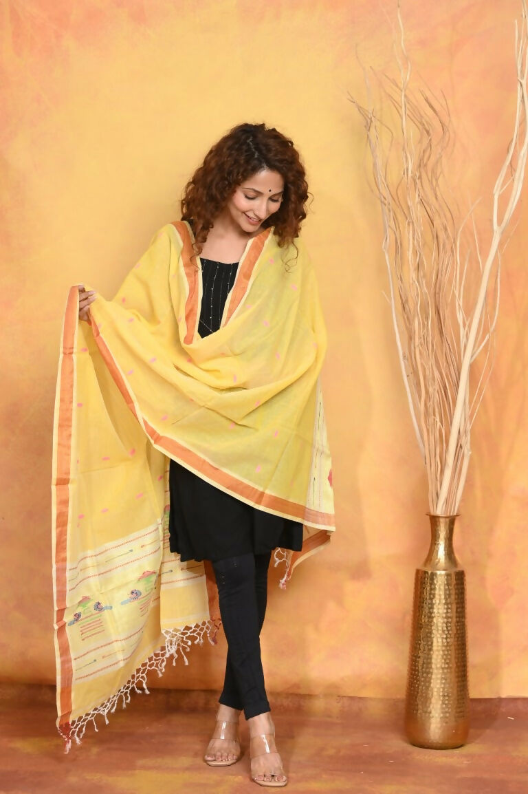 Very Much Indian Handloom Pure Cotton Paithani Dupatta - Yellow | Swadesiicart