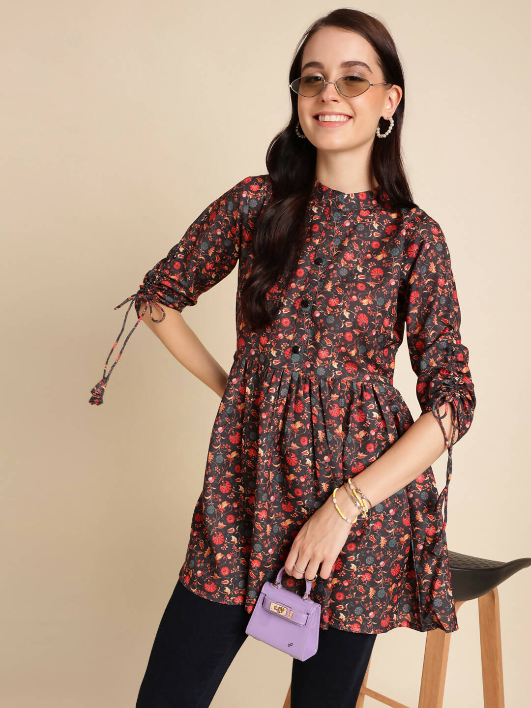 Black Poly Rayon Digital Printed A-line Top - Tarini - Swadesiicart
