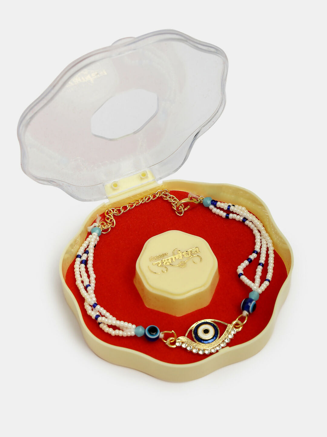 NVR Women & Men Set of 2 Blue Evil Eye Bhaiya Bhabhi Rakhi Set With Roli Chawal & Chocolate | Swadesiicart