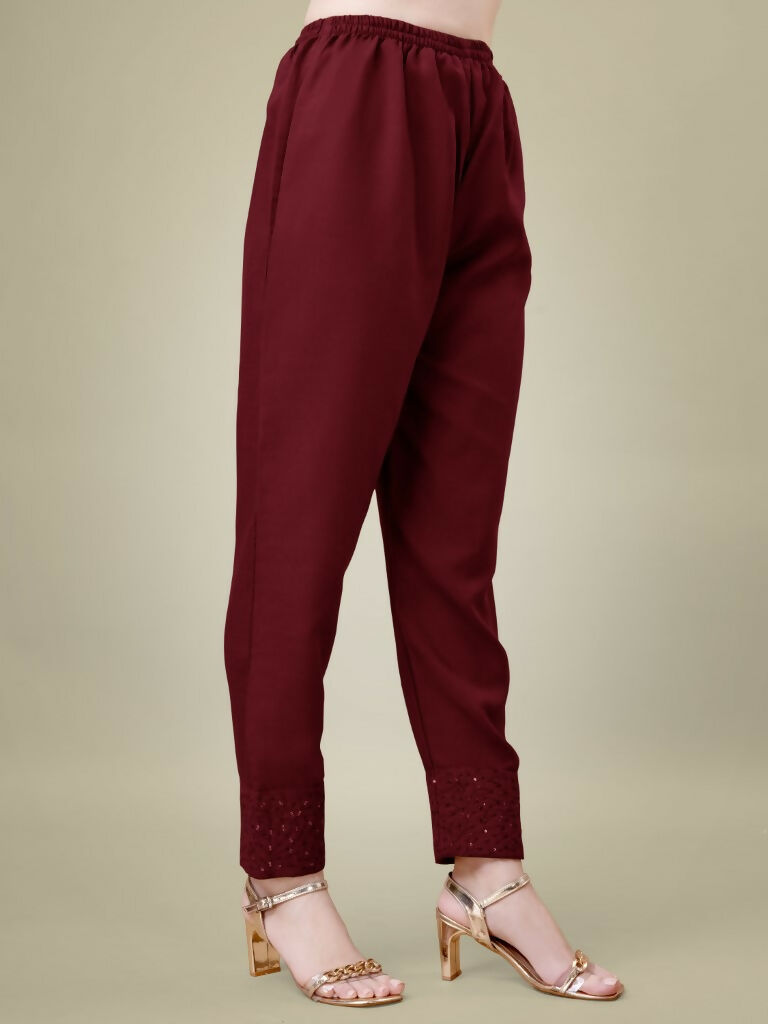 Jyoti Fashion Women's Maroon Cotton Blend Embroidery & Sequence work Kurta with Trouser & Dupatta | Swadesiicart
