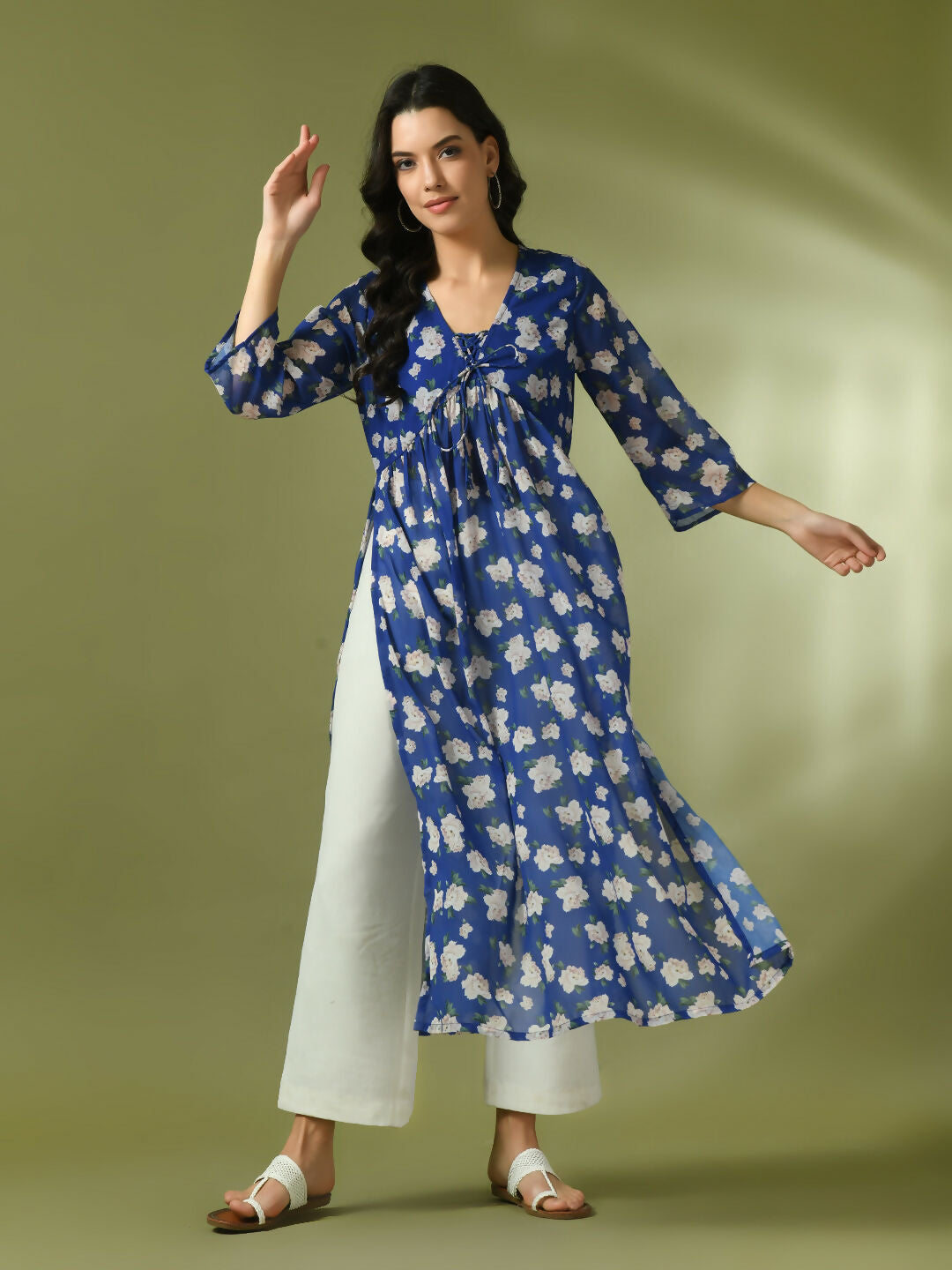 Myshka Women's Blue Printed Georgette A-Line Nyra-cut Kurta - Swadesiicart