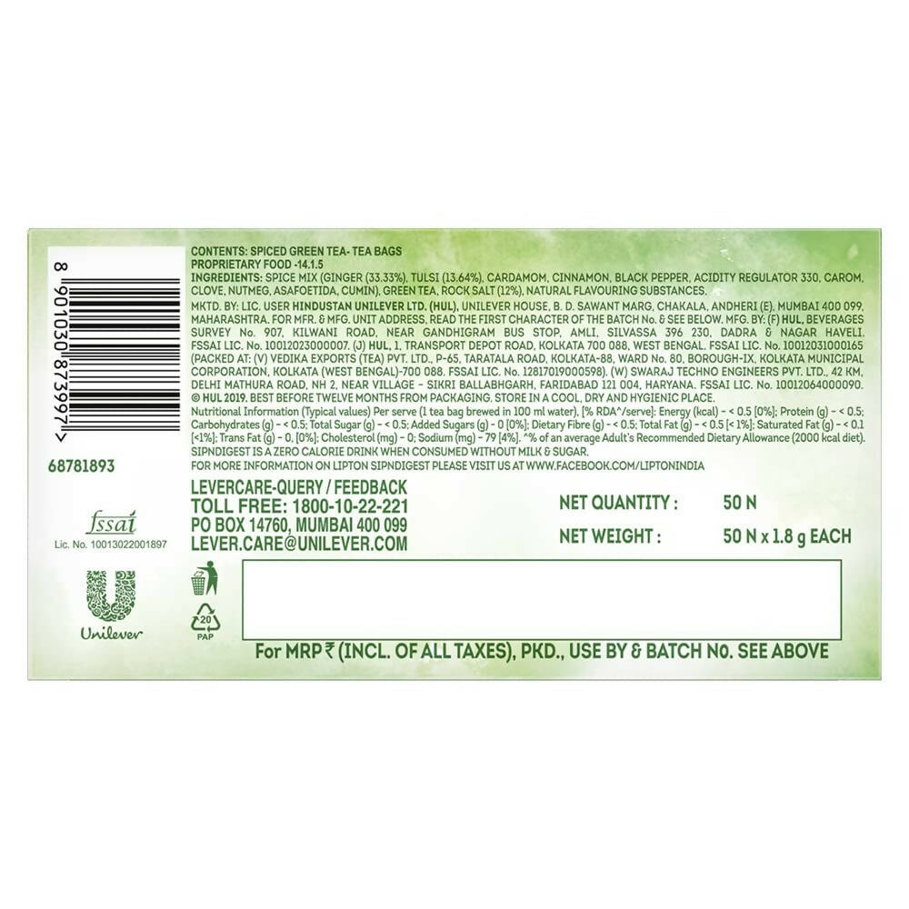Lipton SipNDigest With Tulsi & Rock Salt Ginger Green Tea Bags - Swadesiicart