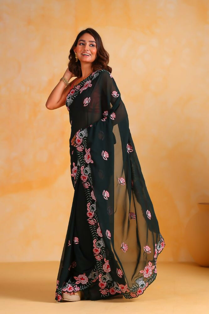 Vamsee Annie Dark Green Georgette Silk Saree - Swadesiicart