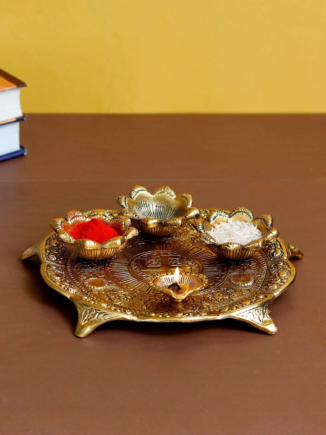 eCraftIndia Gold-Toned Swastik Pooja Thali Bowl & Diya Showpiece | Swadesiicart