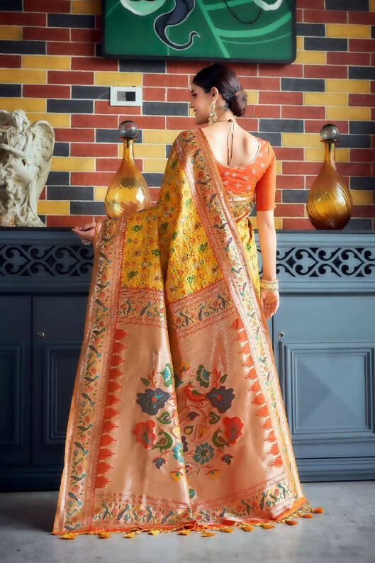 Vishnu Weaves Women's Yellow Paithani Patola Silk Zari Woven Saree with Unstitched Blouse - Swadesiicart