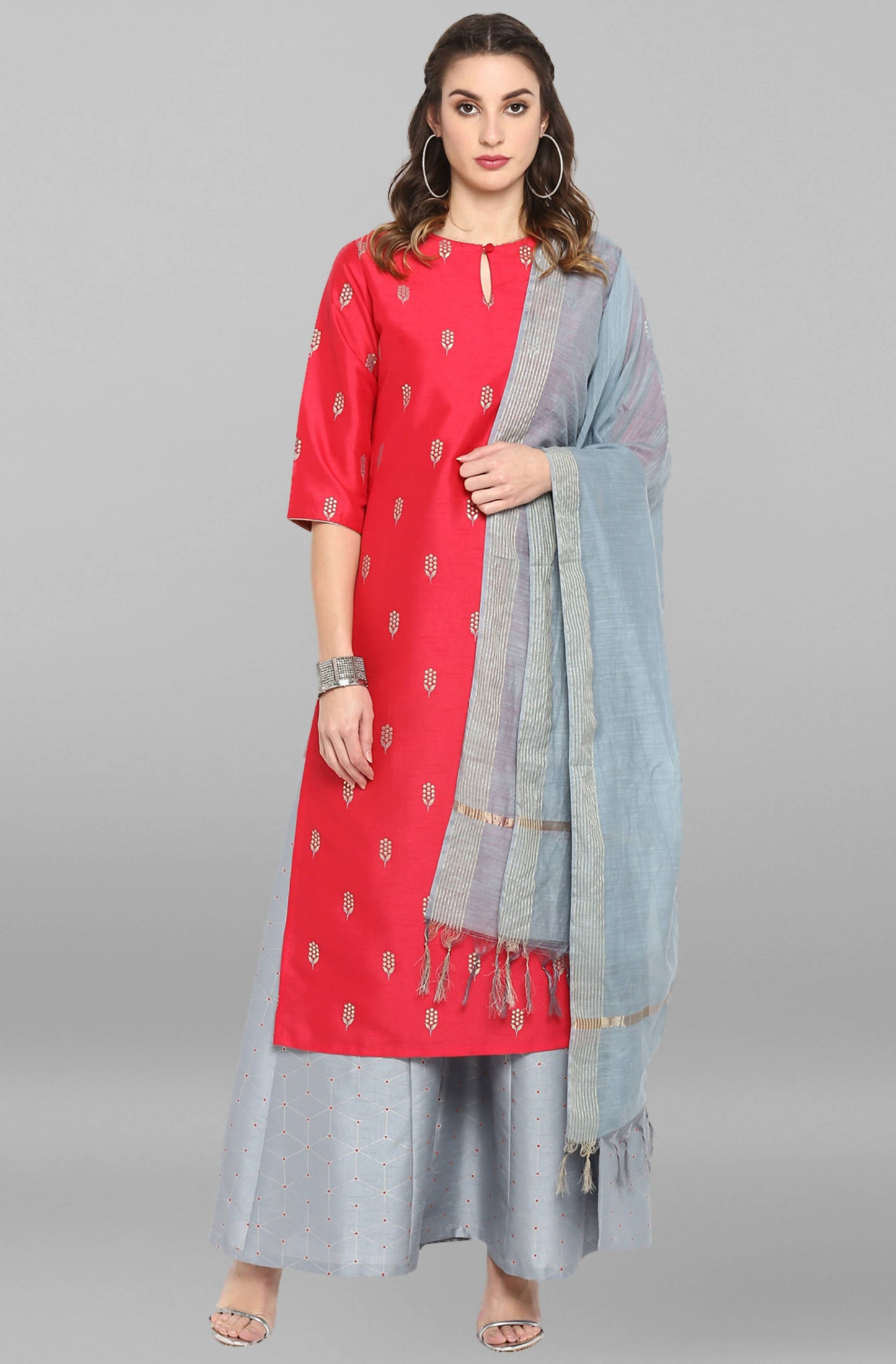Janasya Women's Blue Cotton Floral Print Top With Palazzo | Swadesiicart