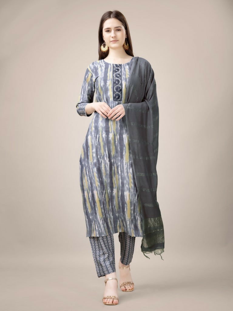 Jyoti Fashion Women's Grey Rayon Print with Embroidery & Fancy Lace Work Kurta with Trouser & Dupatta | Swadesiicart
