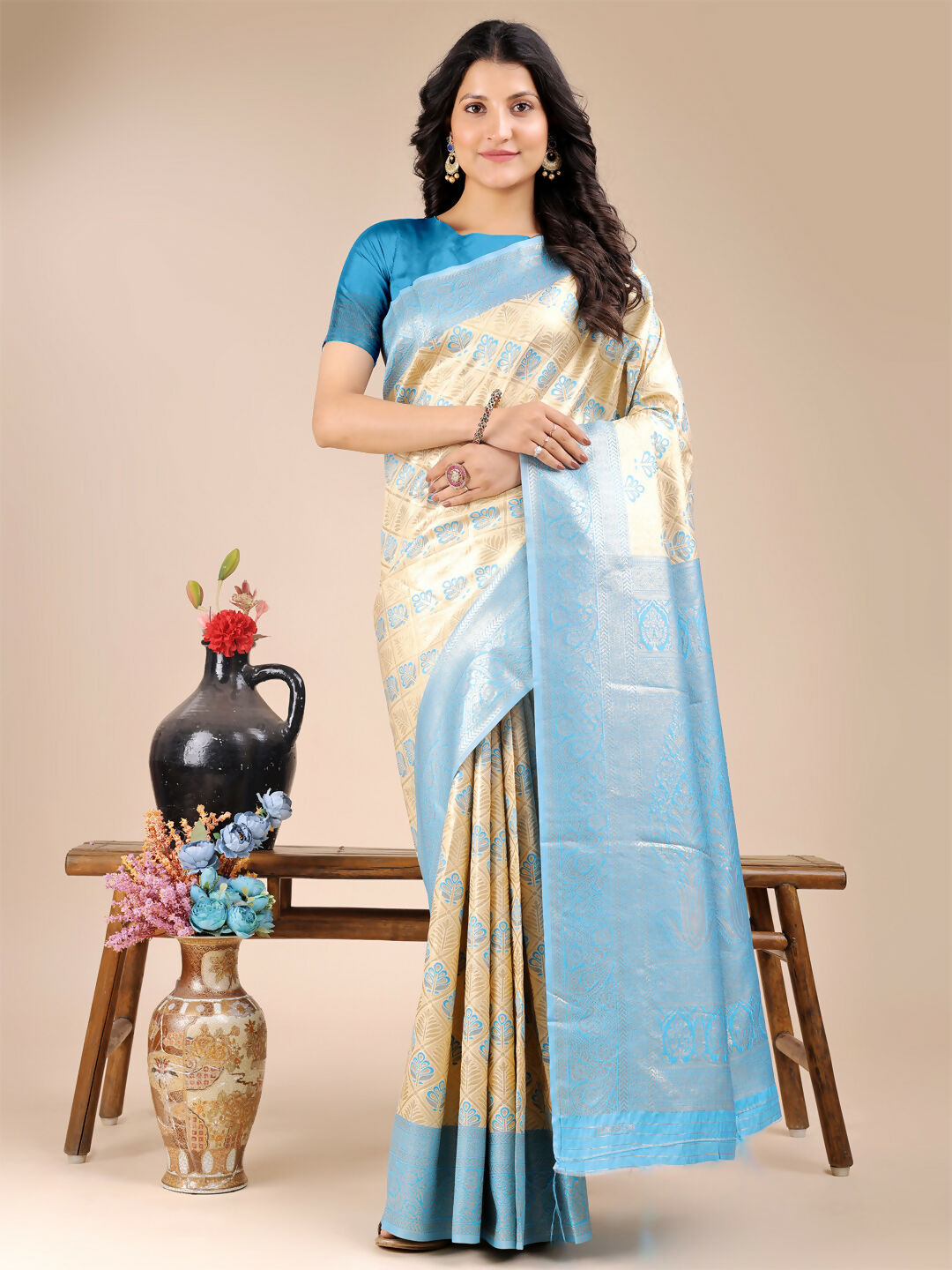 Astita Aura Silk Cream Sky Blue Banarasi Silk Saree | Swadesiicart