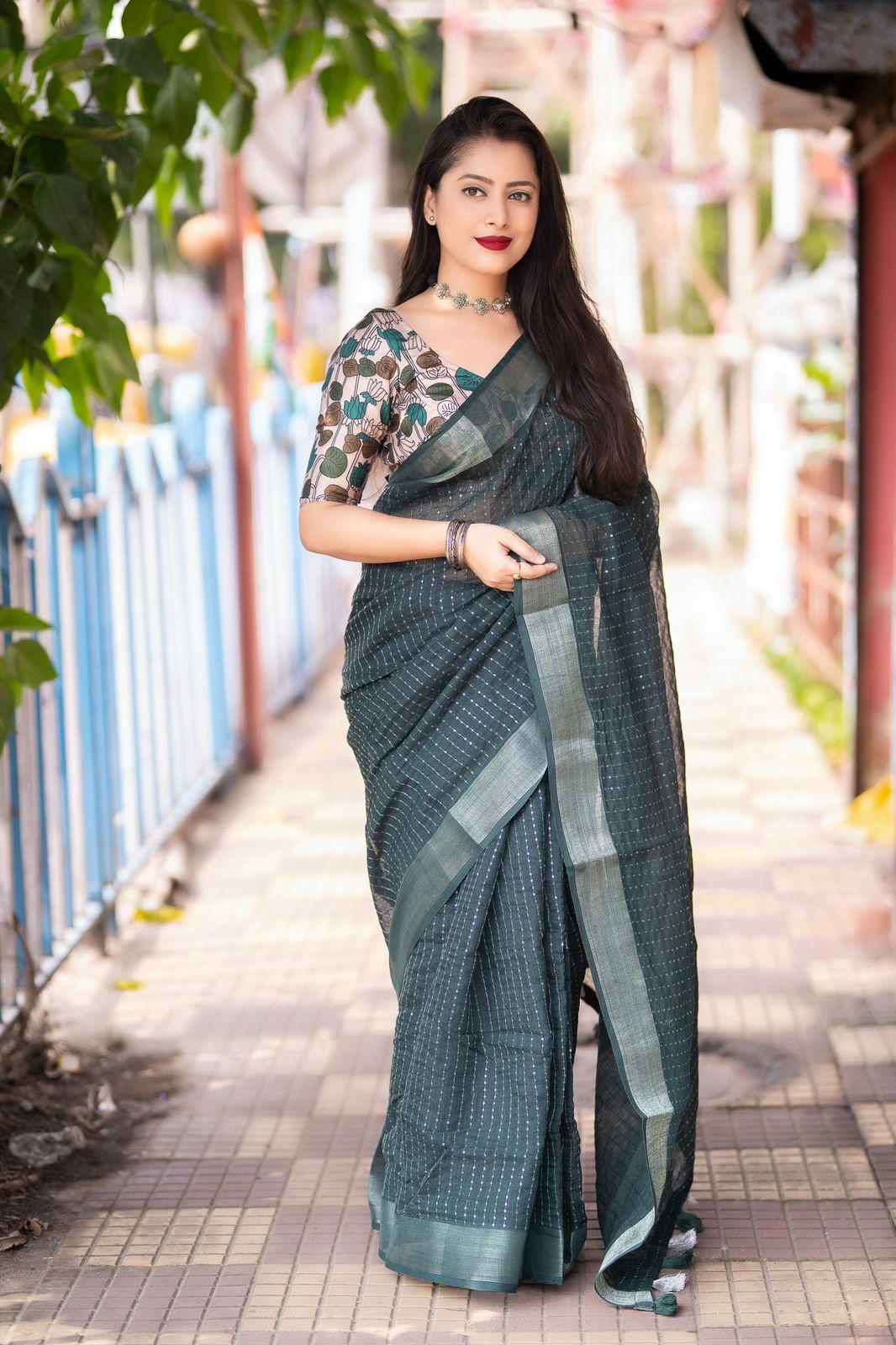 Green Linen Sequence Saree with Unstitched Blouse - Hiral Fashion | Swadesiicart