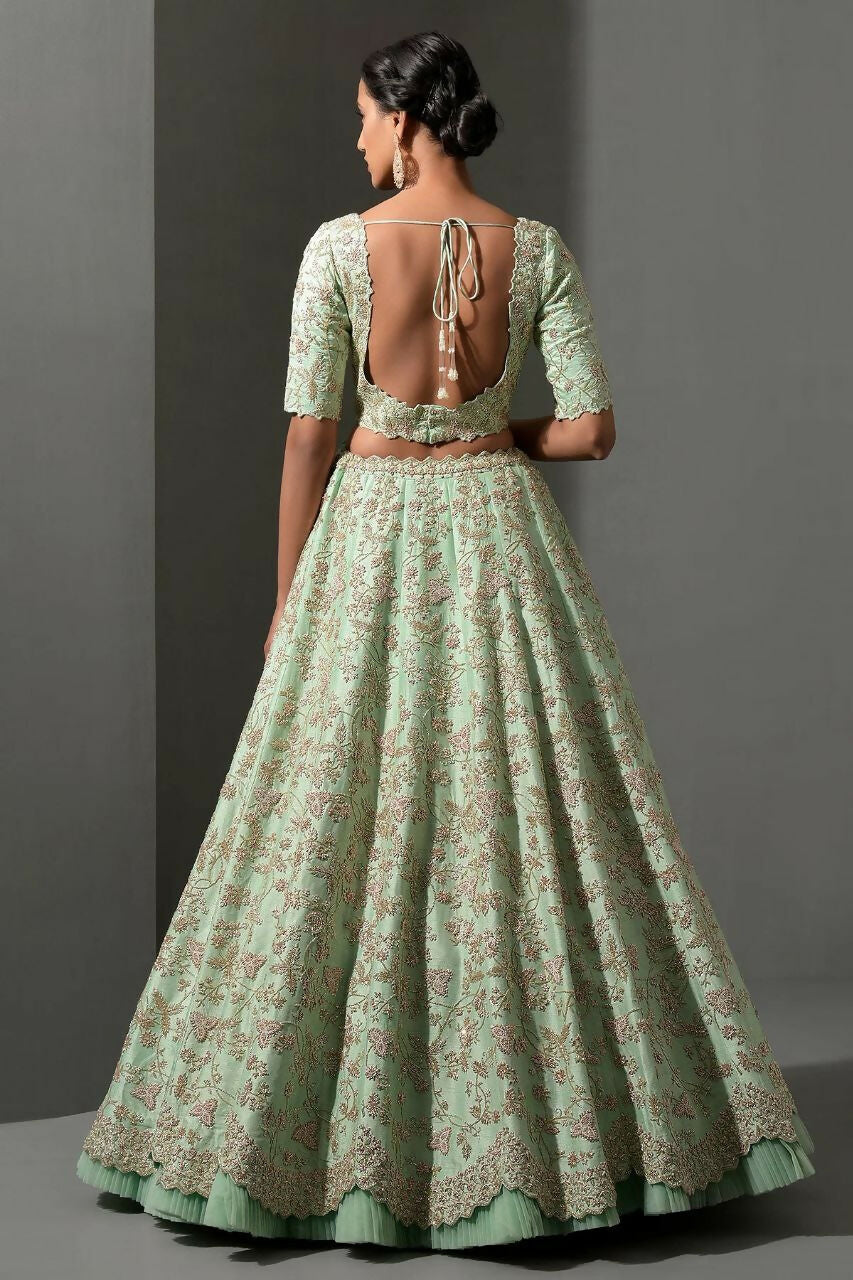 Jyoti Fashion Women's Sea Green Mulberry Silk Sequins, Dori & Thread Embroidered with Net Ruffle Work Designer Lehenga Choli Set | Swadesiicart