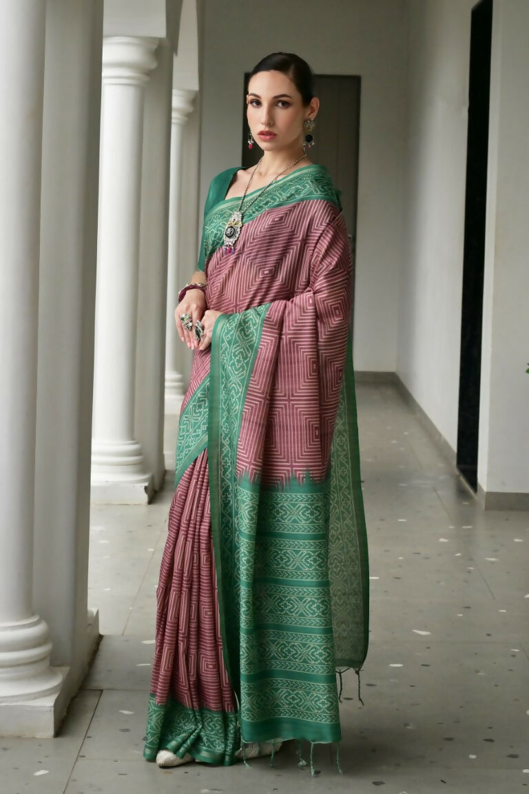 Vishnu Weaves Women's Green Soft Tussar Silk Printed Saree with Blouse - Swadesiicart