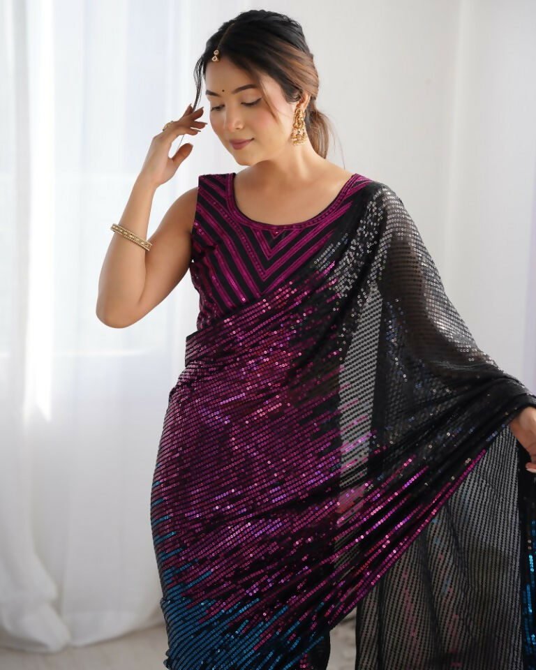 Black Georgette Designer Sequence Embroidery Work Saree - Radhe