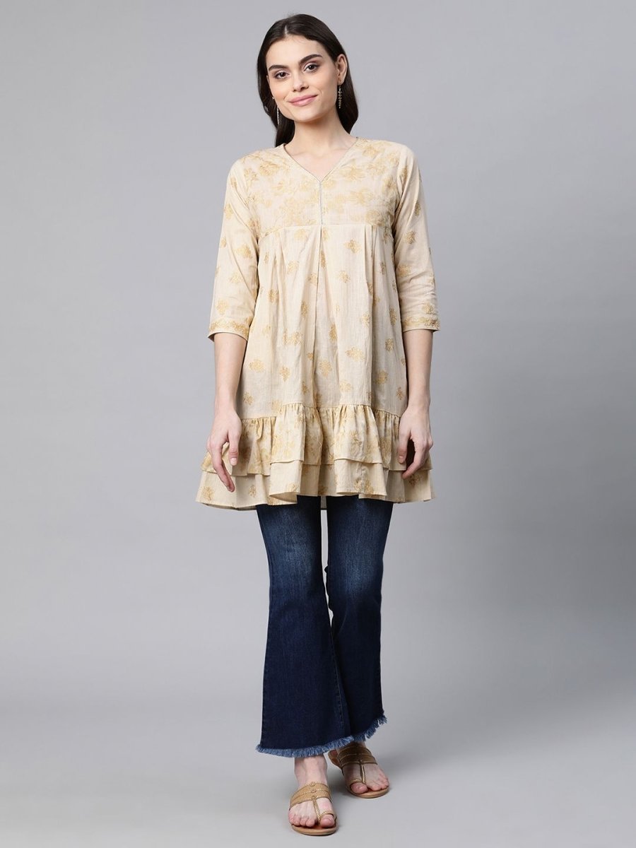 Ahalyaa Beige Cotton Gold Printed Tunic | Swadesiicart