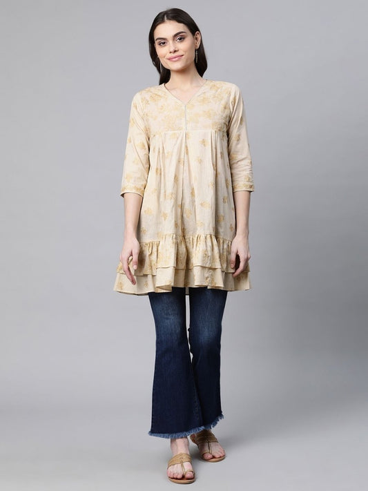 Ahalyaa Beige Cotton Gold Printed Tunic | Swadesiicart