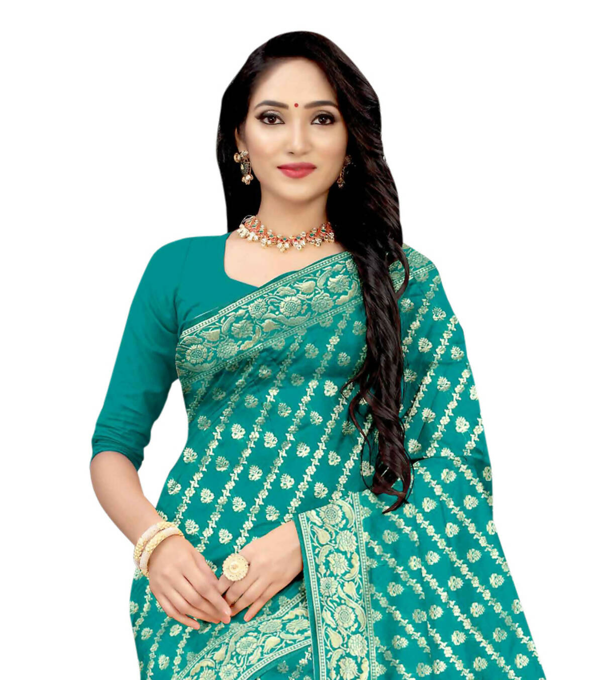 Vamika Weaving Banarasi Jacquard Rama Green Saree | Swadesiicart