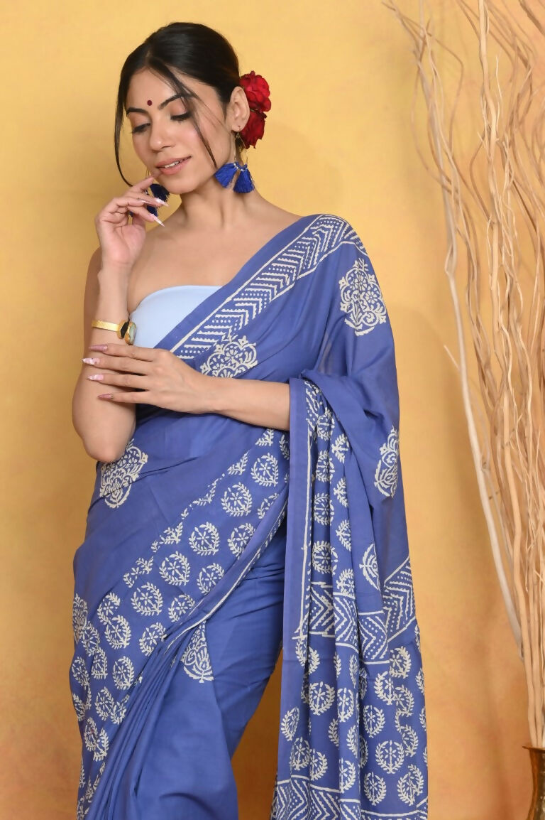 Very Much Indian Pure Cotton Handblock Printed Saree - Blue | Swadesiicart
