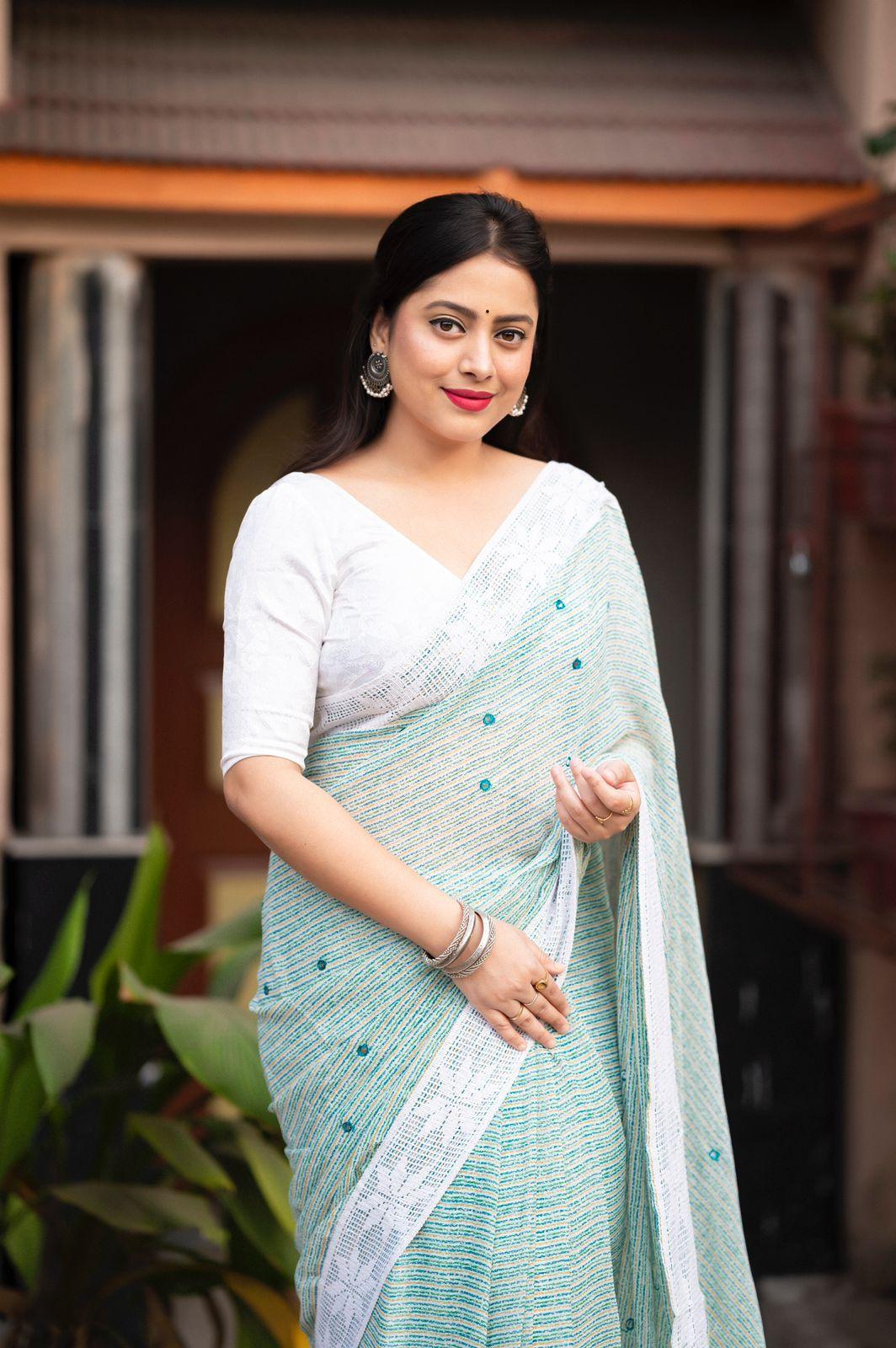 Blue Poly Georgette Ethnic Motifs Saree with Unstitched Blouse - Hiral Fashion | Swadesiicart