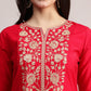 Aavyora Women's Red Embroidered Roman Silk Kurta, Palazzo & Organza Dupatta Set
