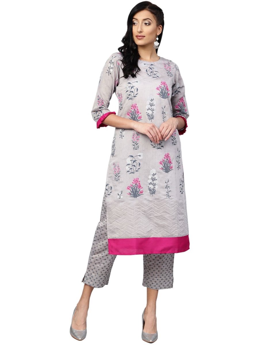 Ahalyaa Women Grey Chanderi Silk Printed Kurta Pant Set | Swadesiicart