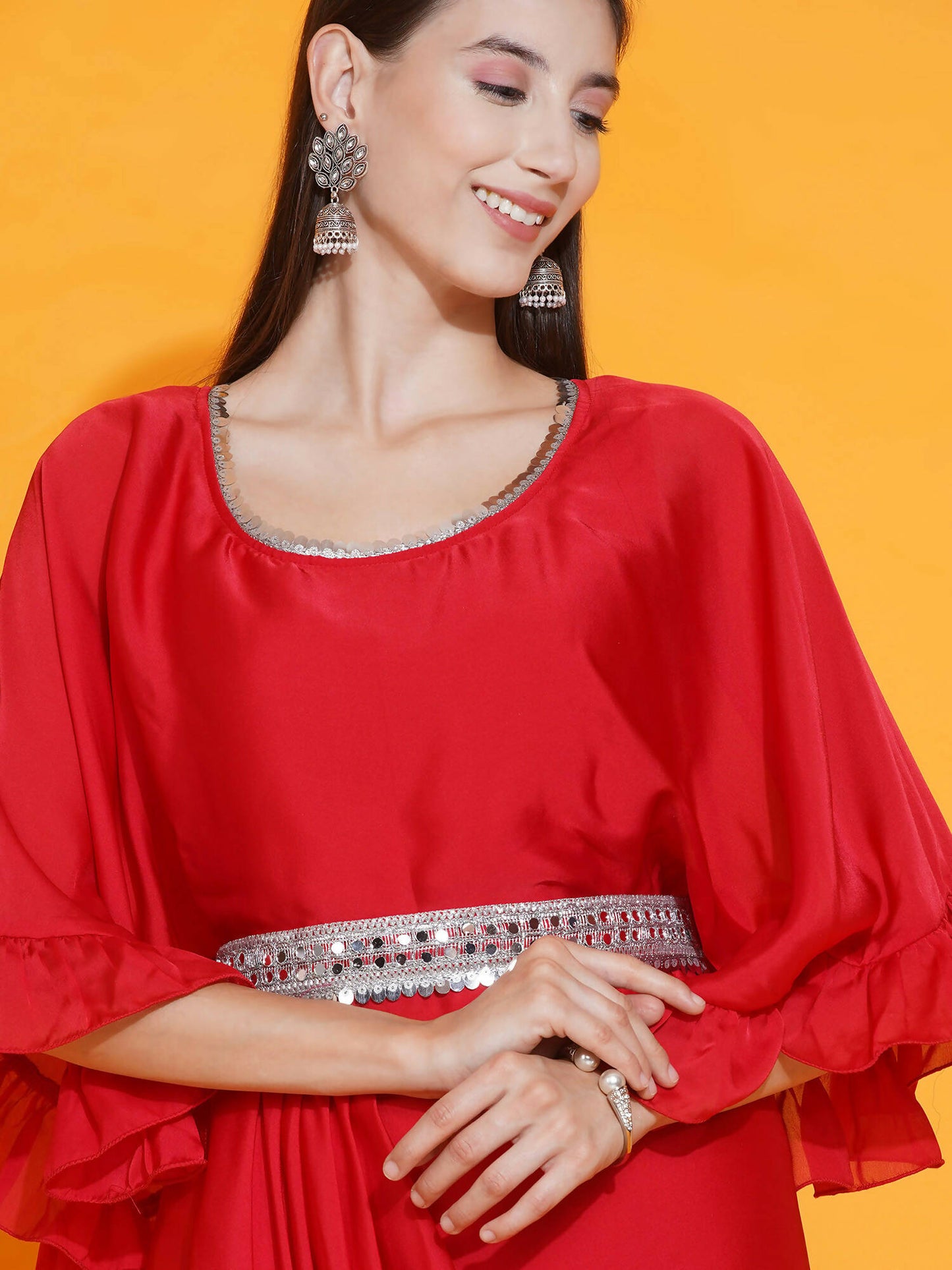 Women Republic Red Georgette Gown With Embellished Belt | Swadesiicart