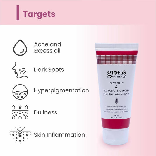 Globus Naturals Glycolic & 1% Salicylic Acid Herbal Anti Acne Face Cream - Swadesiicart