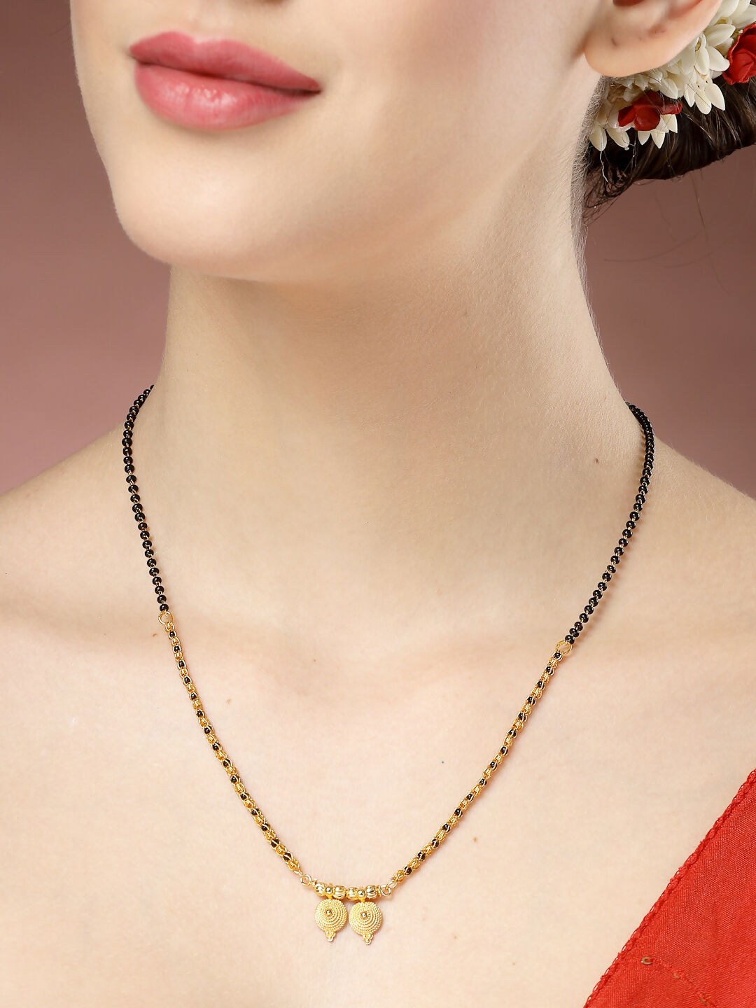 NVR Women's Set of 5 Gold-Polished Black Beaded Mangalsutra | Swadesiicart