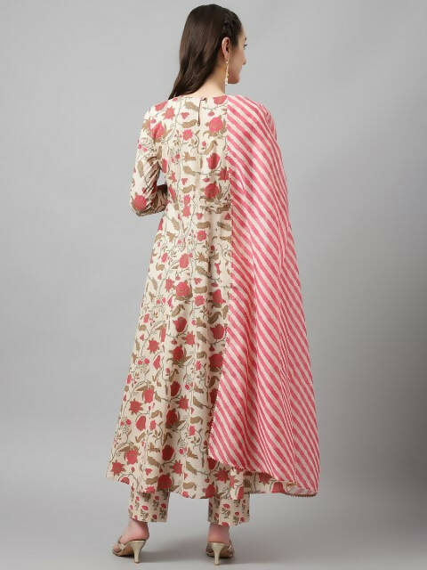 FIORRA Women's Beige Pure Cotton Flared Kurta Pant With Dupatta - Swadesiicart