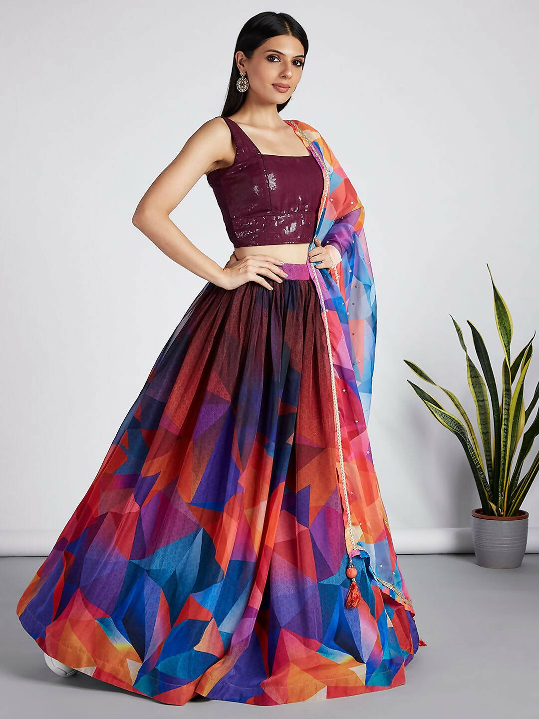 House of Panchhi Multi colour Organza Abstrack design digital print Semi-Stitched Lehenga choli & Dupatta | Swadesiicart