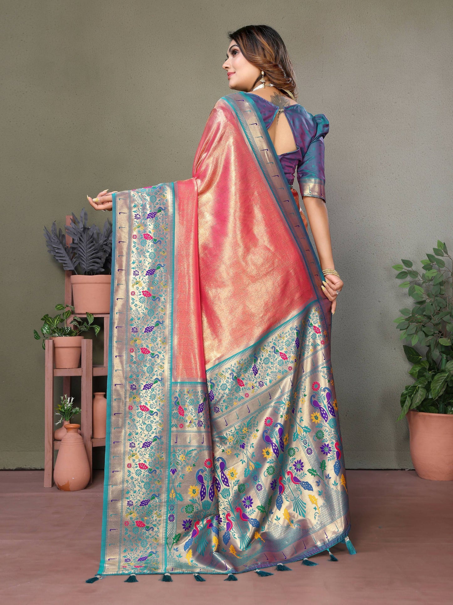 Aastha Fashion Dusty Pink Tissue Silk Paithani Woven Saree