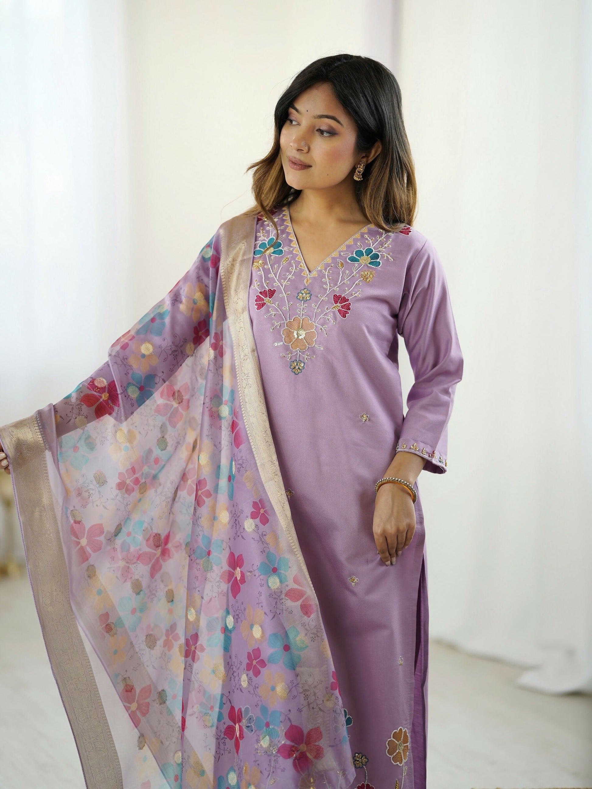 The52 Lavender Women's Gorgeous Embroidered work Viscose Gadhwal Fabric Straight Kurta, Pant and Dupatta Set - Swadesiicart
