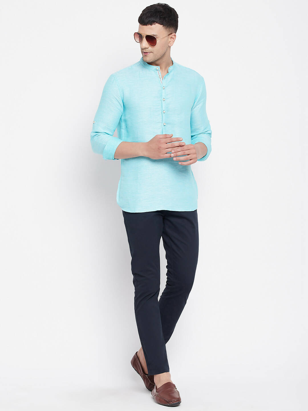 Even Apparels Pure Cotton Men's Kurta in Blue Color With Band Collar | Swadesiicart