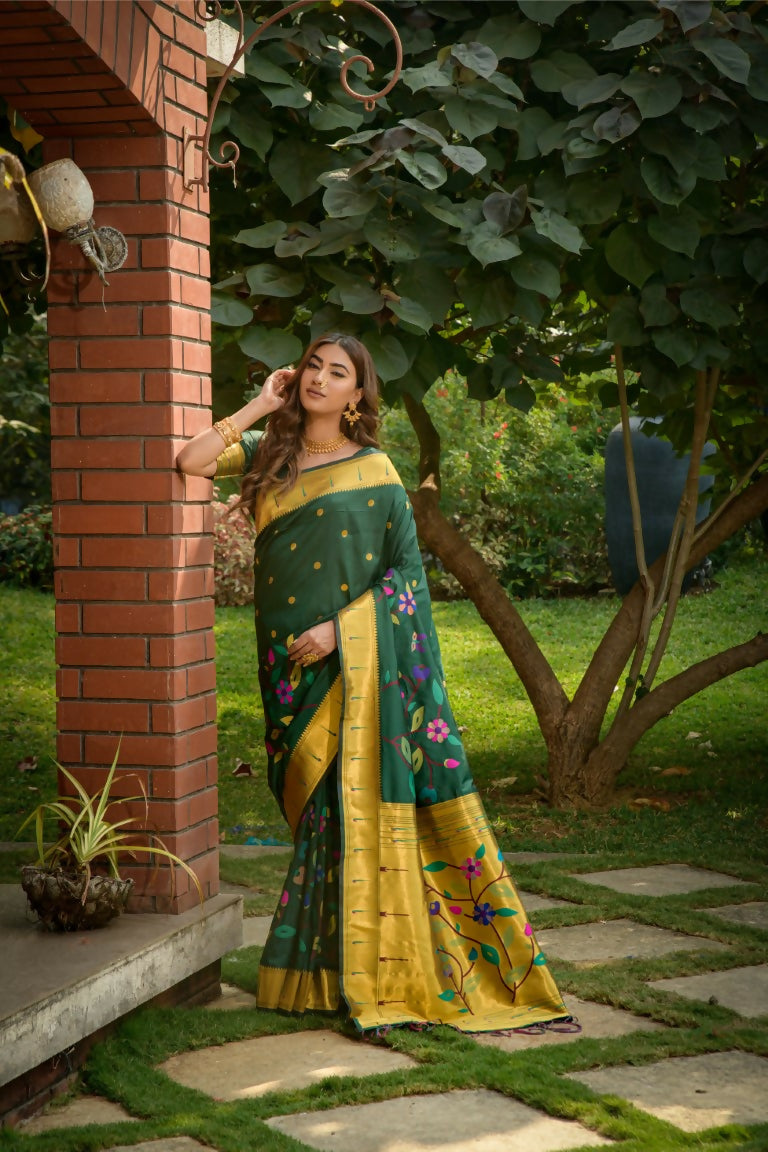 Jyoti Fashion Women's Bottle Green Paithani Silk Zari Woven Saree with Blouse | Swadesiicart