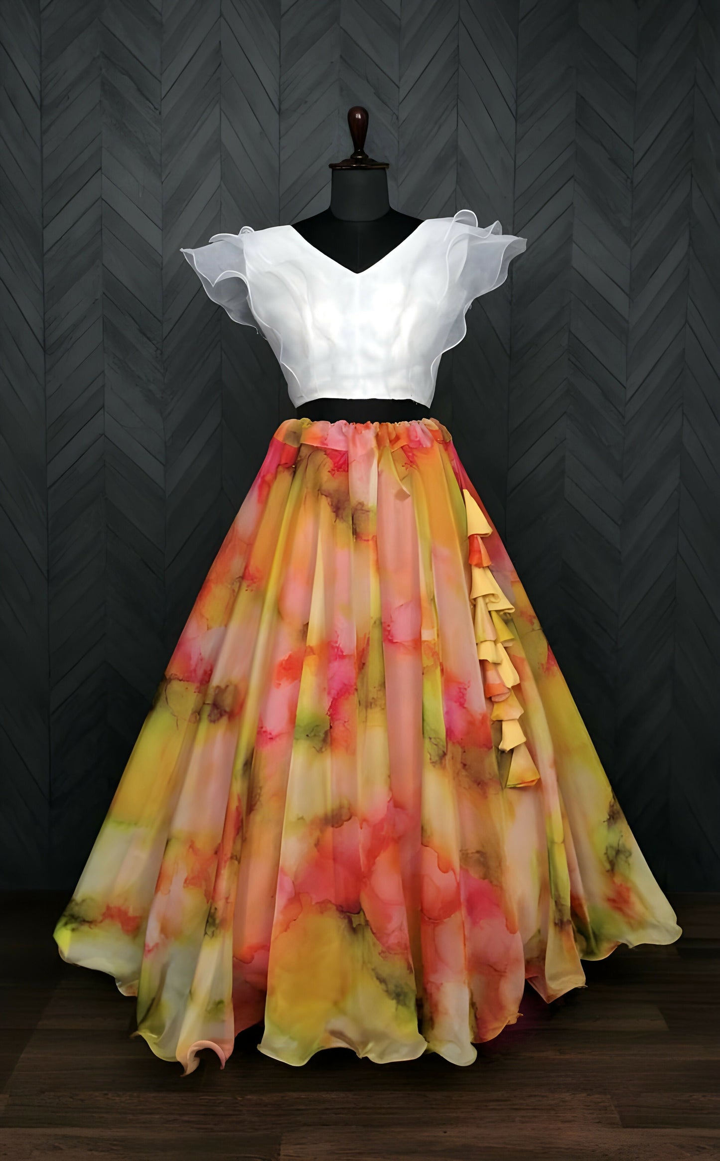 Dishitha Creation Floral Printed Stitched Lehenga & Crop Top - White & Orange | Swadesiicart